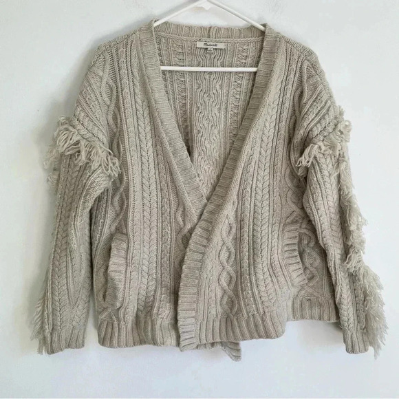 Madewell Cable Knit Fringe Cardigan Sweater 100% Merino Wool Tan Crop - Picture 5 of 13